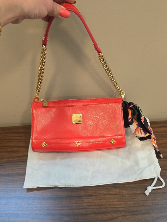 MCM Handbags - MCM Coral-Red Leather Shoulder Bag with Gold Chain